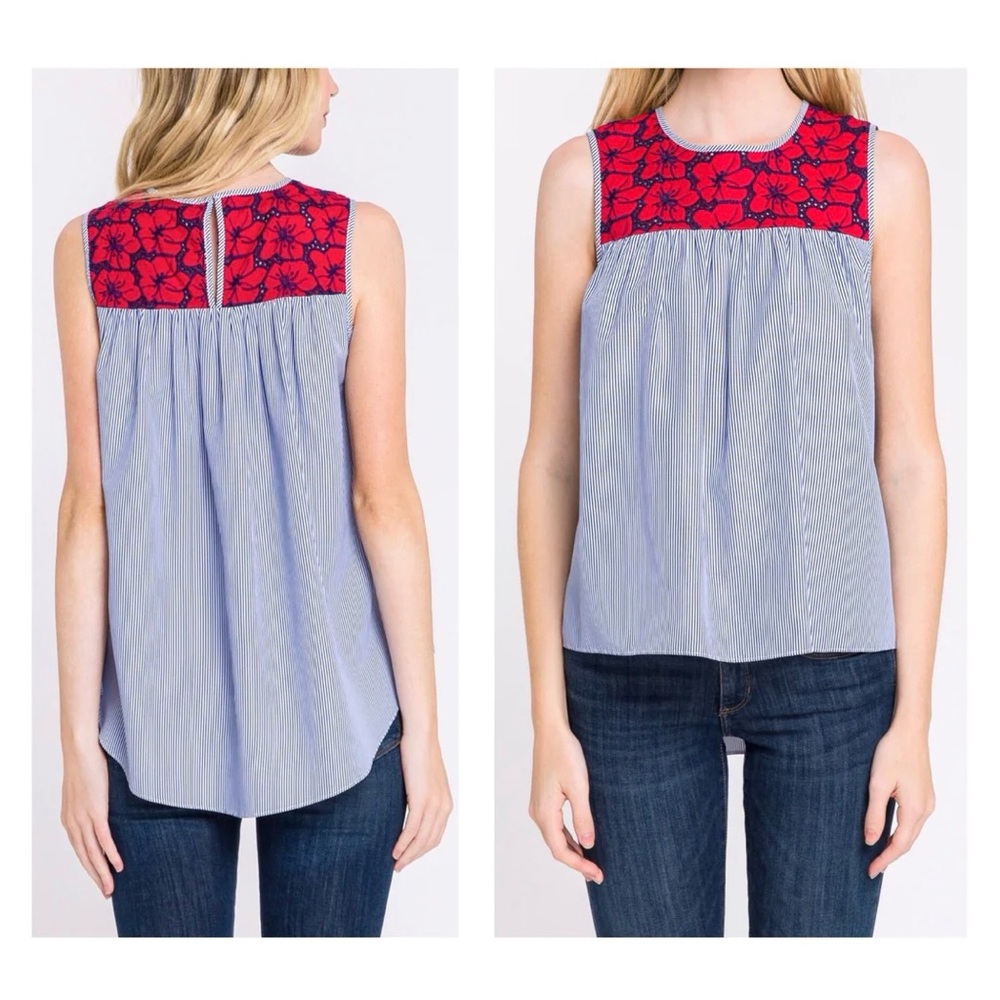 English Factory Blouse Blue White Pinstripe Poppy Lace Embroidered Size Small‎